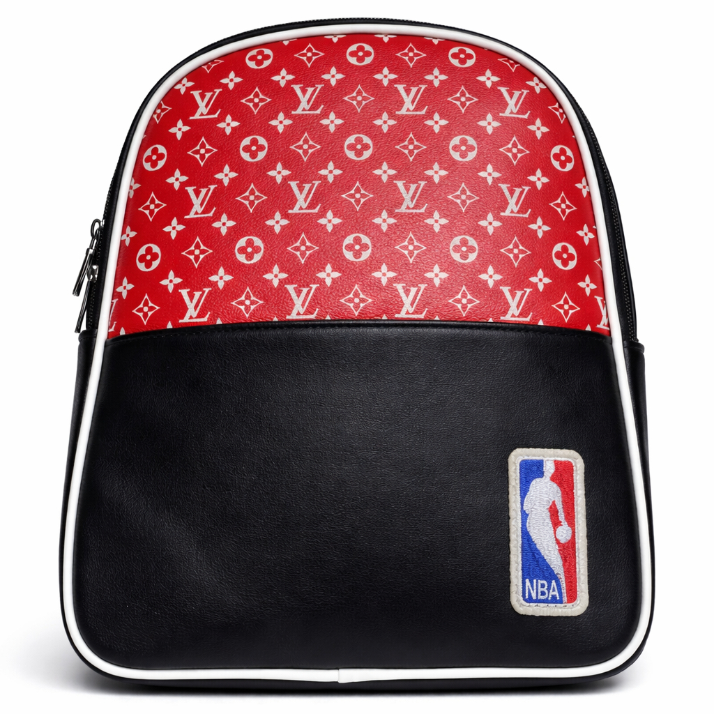 Two Tone Faux Leather Backpack with Patterned Front Panel